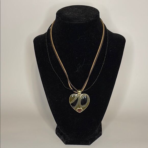 Brass Tone Green and Black Heart Pendant Necklace with triple cord and beads 15” - Picture 1 of 6